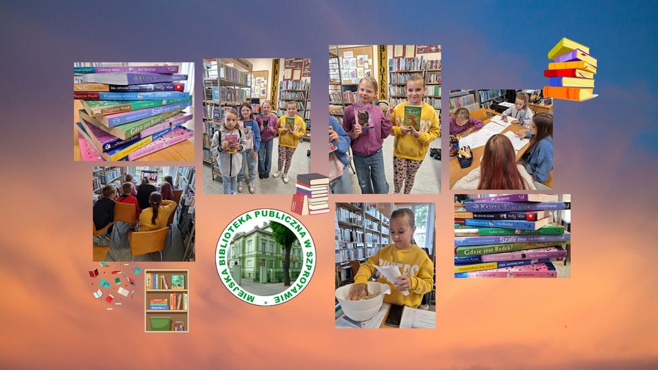 kolaż zdjęć dzieci trzymających książki, zdjęcia stert książek oraz grafiki tomów wraz z logo biblioteki