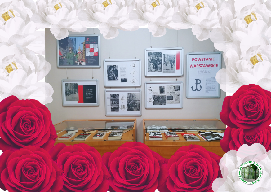kolaż zdjęcia wystawy książek i obrazów o powstaniu warszawskim w ramce z białych i czerwonych kwiatów
