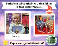 kolaż zdjęć nowej czytelniczki Zoriany i książek oraz logo biblioteki