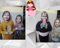 kolaż zdjęć dzieci z kolorowymi domkami z kartonu
