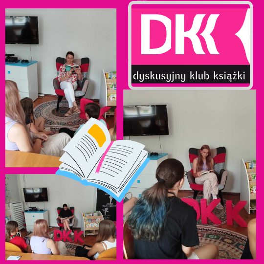 kolaż zdjęć dziewczynek czytających w fotelu książkę dzieciom na górze logo DKK i napis dyskusyjny klub książki pośrodku grafika otwartej książki