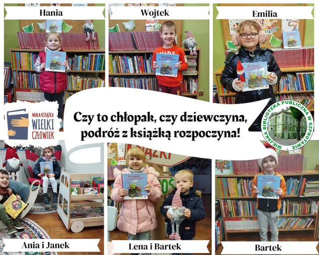 kolaż zdjęć dzieci biorących udział w projekcie mała książka wielki człowiek po lewej stronie logo biblioteki po prawej logo projektu