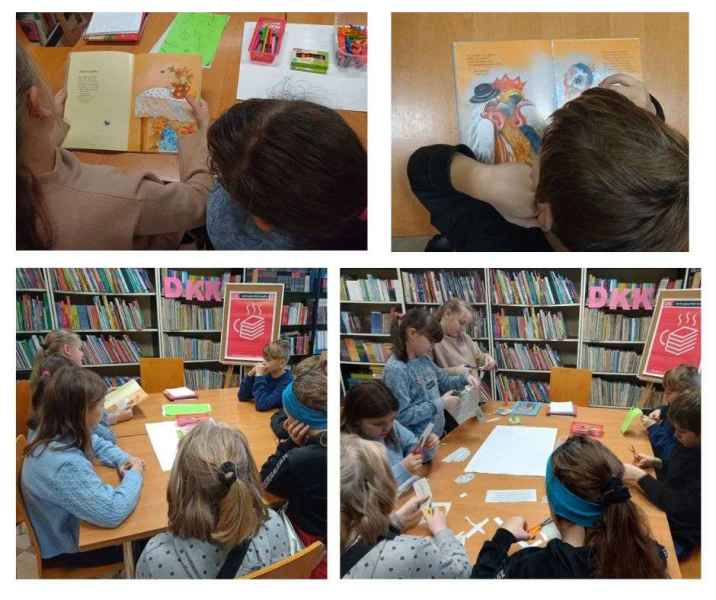 kolaż zdjęć młodzieży podczas czytania bajek i tworzenia plakatu o pisarzu
