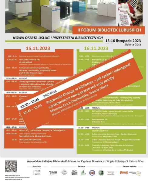 obrazek z harmonogramem programu 2 forum bibliotek i wyszczególniona informacja o prezentacji MBP w Szprotawie