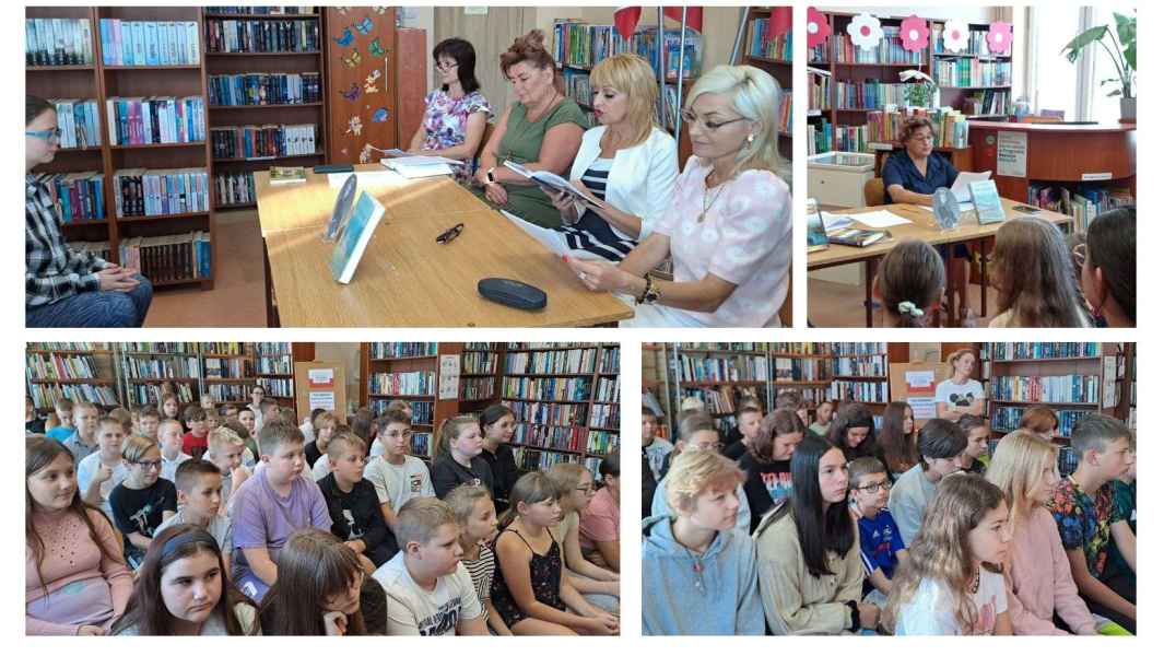 kolaż zdjęć pracowników szkoły i biblioteki w trakcie lektury książki przed młodzieżą szkolną