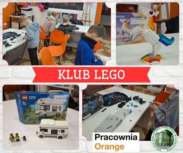 kolaż zdjęć chłopców w trakcie układania zestawów klocków lego oraz gotowych modeli, na środku napis klub lego, na dole lego pracowni orange i biblioteki