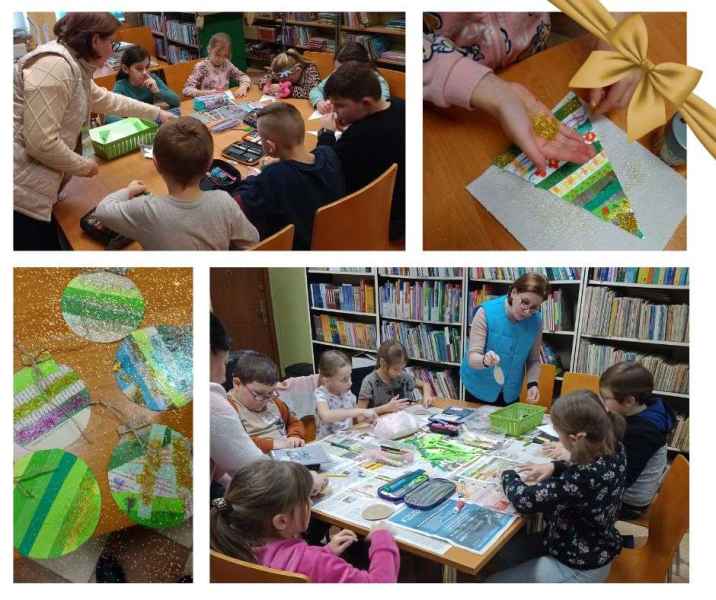 kolaż zdjęć bibliotekarki oraz dzieci w trakcie dekorowania brokatem papierowych bombek, w górze złota kokarda