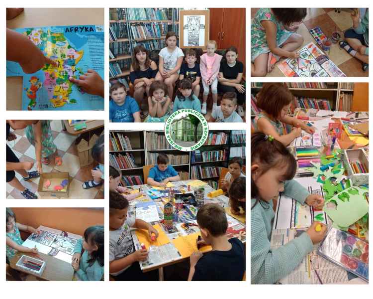 kolaż zdjęć dzieci z książką o Afryce, tworzących totemy oraz łowiące papierowe rybki, pośrodku logo biblioteki