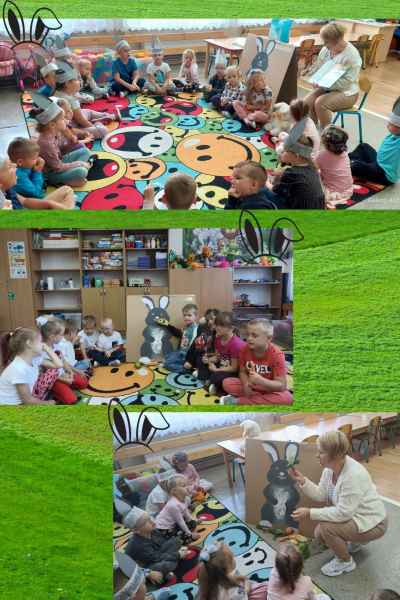 kolaz zdjęć przedszkolaków na dywanie z malunkiem królika 