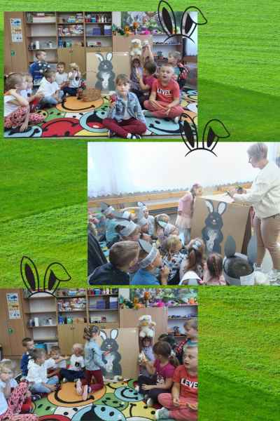 kolaż zdjęć przedszkolaków na dywanie słuchających książki o króliku