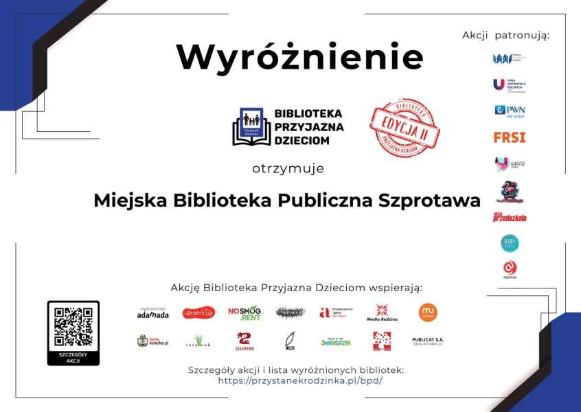 wyróżnienie Biblioteka Przyjazna Dzieciom w 2 edycji dla MBP w Szprotawie