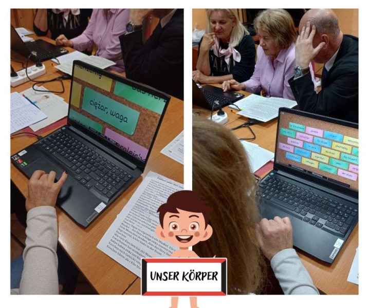 zdjęcie seniorów rozwiązujących niemieckie zadania na laptopach, poniżej obrazek dziecka z tabliczką unser korper