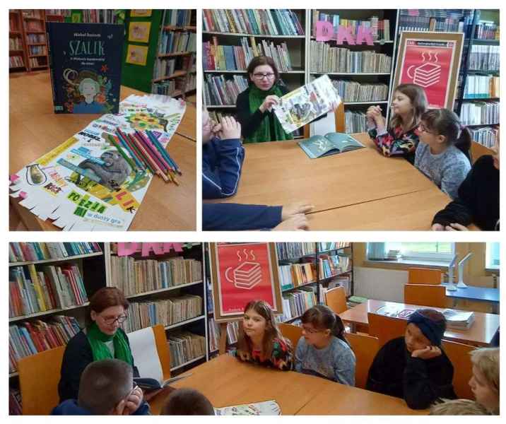 kolaż zdjęć bibliotekarki czytającej dzieciom książkę i tłumaczącej zadanie