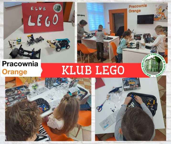 Kolaż zdjęć dzieci układających pojazdy lego z bibliotekarką, w środku napis klub lego, oraz logo biblioteki i pracowni orange
