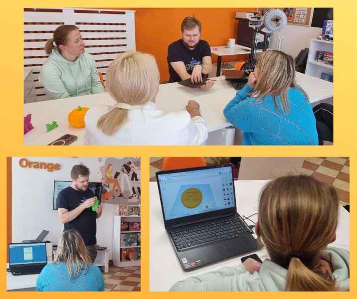 kolaż informatyka prezentującego kursantom  elementy drukarki 3D i gotowe modele oraz kobiety podczas projektowania własnego modelu w programie tinkercad