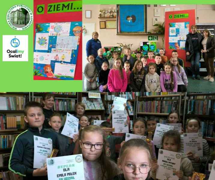 kolaż zdjęć dzieci pokazujących dyplomy z bibliotekarką i nauczycielami oraz wystawa prac plastycznych dzieci, po lewej stronie logo biblioteki i projektu ocalimy świat