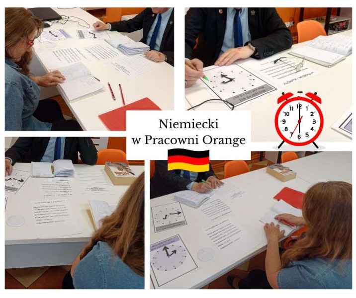 kolaż zdjęć czytelników podczas rozwiązywania zadań na kartkach, pośrodku napis niemiecki w Pracowni orange, flaga niemiec i obrazek budzika