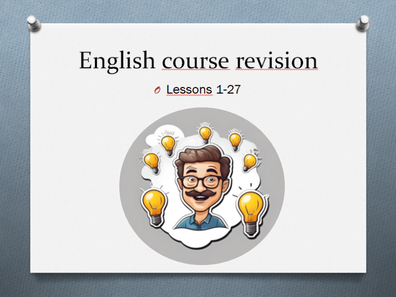 slajd z prezentacji z napisem English course revision lessons 1-27 i grafiką mężczyzny z otaczającymi go żarówkami