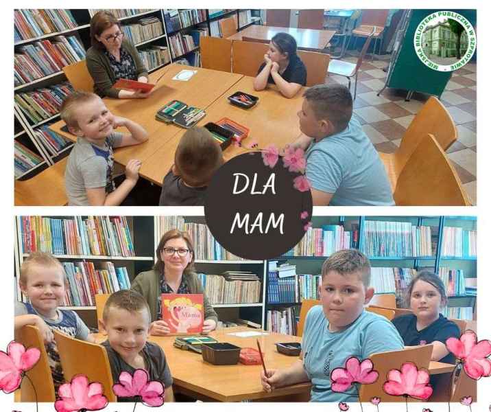 kolaż zdjęć dzieci i bibliotekarki czytającej dzieciom książkę, pośrodku napis dla mam, po prawej logo biblioteki
