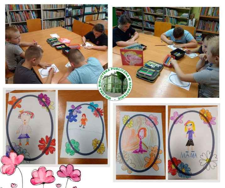 kolaż zdjęć dzieci podczas tworzenia rysunków mam, oraz gotowych prac plastycznych, pośrodku logo biblioteki