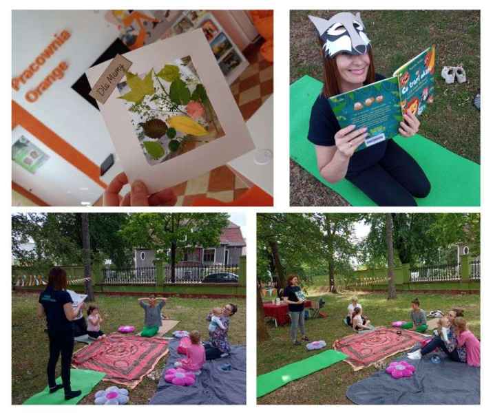 kolaż dzieci, mam, joginki i bibliotekarki na trawie podczas czytanie książki i jogi, oraz zdjęcie wyklejanki z liści dla mam