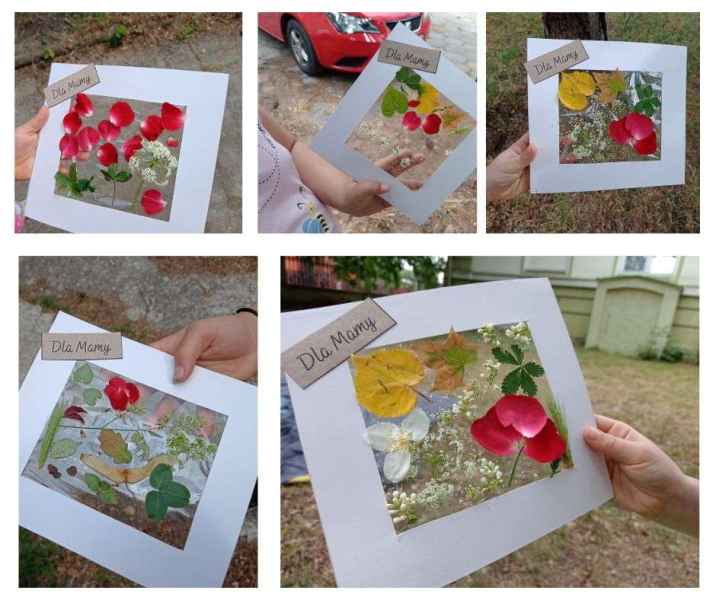 kolaż zdjęć wyklejanek dzieci z kwiatów, liści i traw z napisem dla mamy