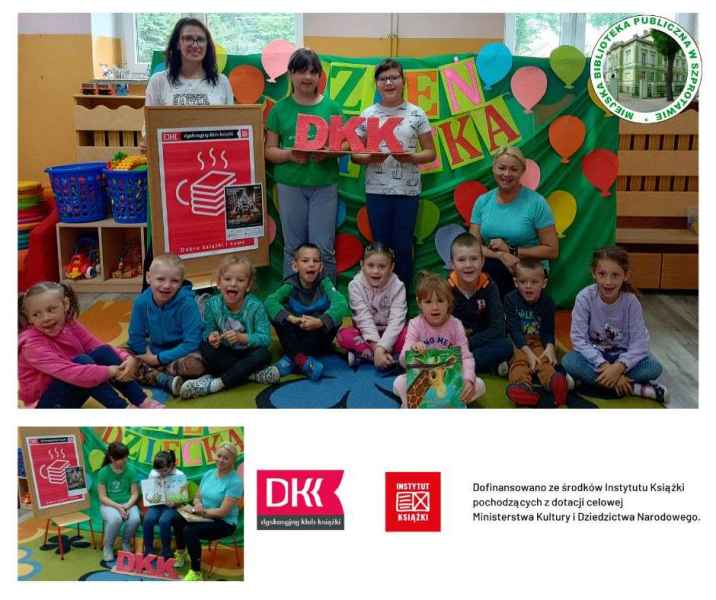 kolaż zdjęć dzieci z nauczycielkami z książką, napisem DKK i plakatem projektu, na górze logo biblioteki, na dole logo DKK i instytutu książki