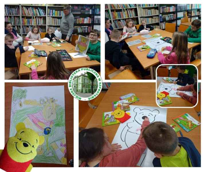 kolaż zdjęć dzieci w trakcie kolorowania, pośrodku logo biblioteki