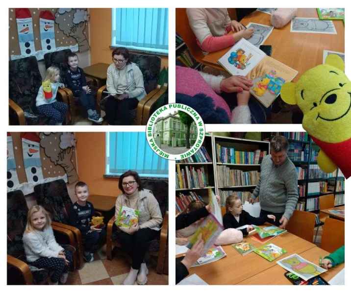 kolaż zdjęć bibliotekarki i dzieci z rodzicami podczas czytania książek, pośrodku logo biblioteki