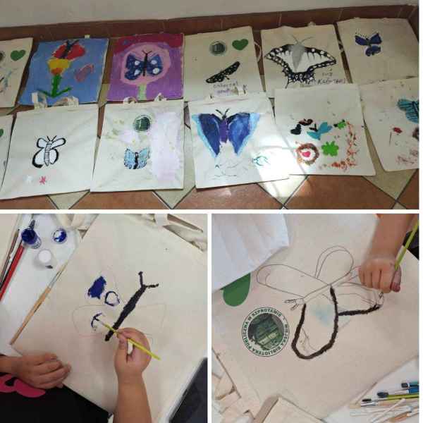 kolaż ułożonych w rzędach pomalowanych w motyle toreb oraz zdjęcia toreb podczas dekorowania ich przez dzieci