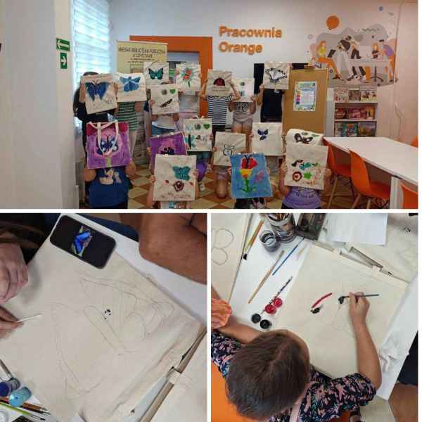 kolaż zdjęć dzieci w pracowni orange pokazujących pomalowane w motyle torby oraz zdjęcie dzieci podczas dekorowania toreb
