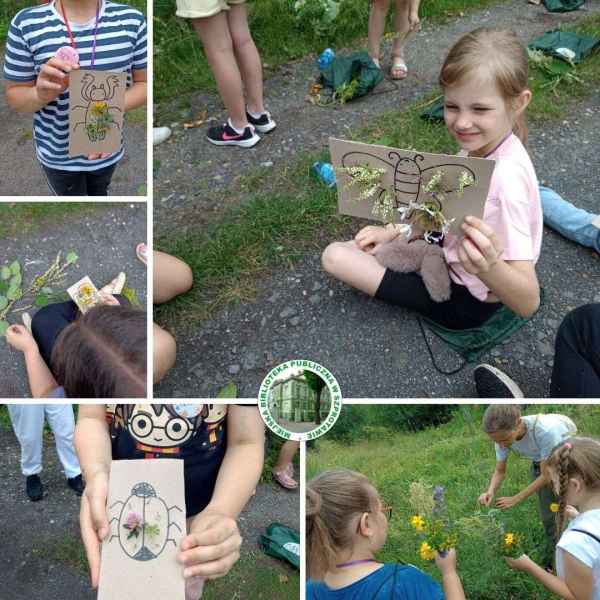 kolaż zdjęć dzieci podczas zbierania kwiatów i wypełniania nimi konturów obrazków w kształacie owadów, na dole logo biblioteki