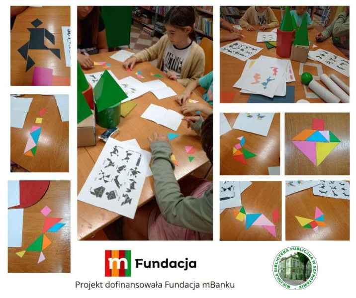 kolaż zdjęć dzieci podczas zabaw z tangramem, na dole logo biblioteki i mfundacji z napisem projekt dofinansowała fundacja mbanku