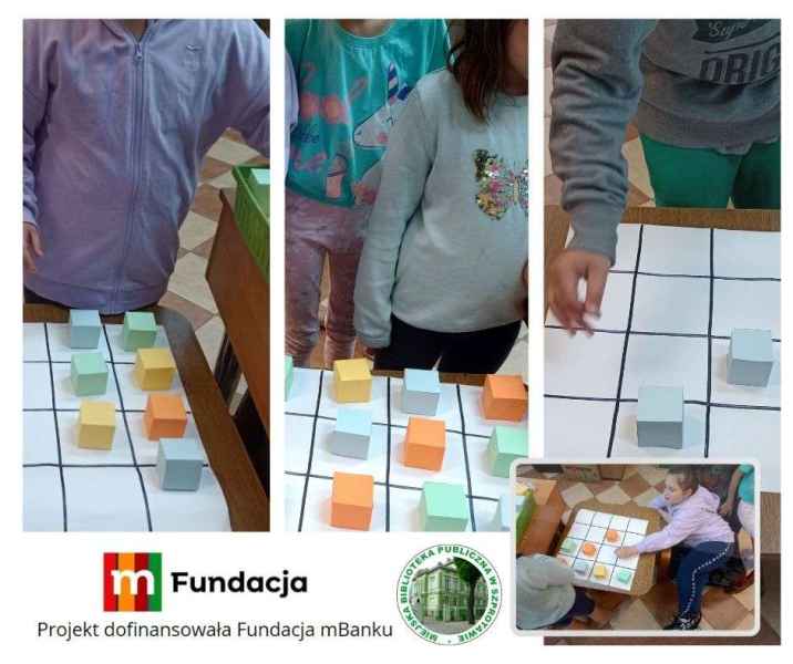 kolaż zdjęć dzieci podczas tworzenia sudoku z kolorowych sześcianów, na dole logo mfundacji z napisem projekt dofinansowała fundacja mbanku i logo biblioteki