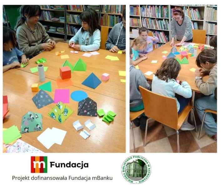 kolaż zdjęć dzieci przy stoliku podczas tworzenia figur z kolorowego papieru, na dole logo mfundacji z napisem projekt dofinansowała fundacja mbanku i logo biblioteki