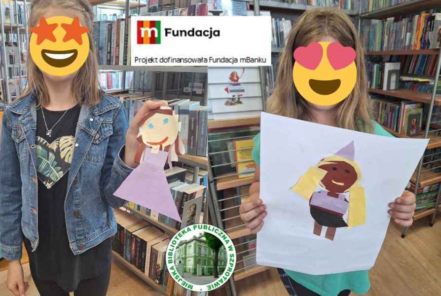 zdjęcie dziewczynek trzymających geometryczną wyklejankę, na górze logo mfundacji z napisem projekt dofinansowała fundacja mbanku, na dole logo biblioteki
