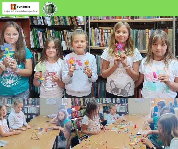 kolaż zdjęć dzieci z wydrukowanymi kwiatami 3D oraz podczas składania brył z wykałaczek, na górze logo biblioteki i mfundacji z napisem projekt dofinansowała fundacja mbanku