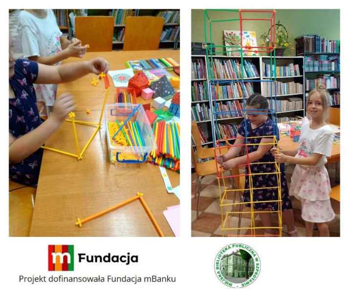 kolaż zdjęć dzieci podczas budowania ze słomek konstrukcyjnych, na dole logo biblioteki i mfundacji z napisem projekt dofinansowała fundacja mbanku