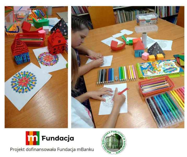 kolaż zdjęć dzieci podczas kolorowania mandali i gotowych prac, na dole logo mfundacji z napisem projekt dofinansowała fundacja mbanku i logo biblioteki