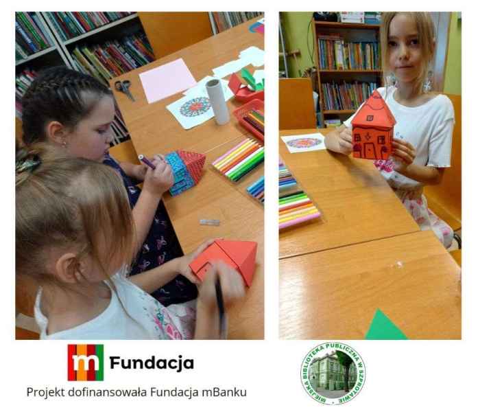 kolaż zdjęć dzieci podczas tworzenia papierowych domków 3D, na dole logo biblioteki i mfundacji z napisem projekt dofinansowała fundacja mbanku