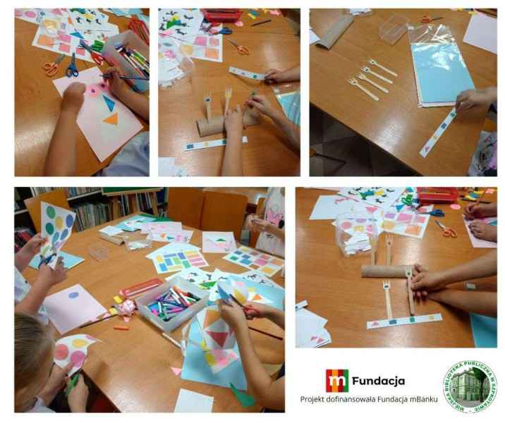 kolaż zdjęć dzieci podczas tworzenia gry geometrycznej, na dole logo biblioteki i mfundacji z napisem projekt dofinansowała fundacja mbanku