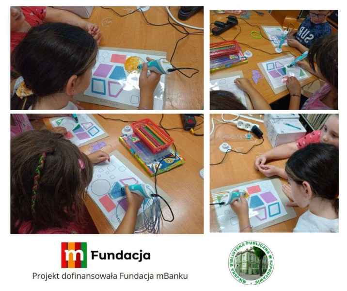 kolaż zdjęć dzieci podczas drukowania długopisem 3D figur geometrycznych, na dole logo biblioteki i mfundacji z napisem projekt dofinansowała fundacja mbanku