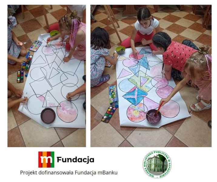 kolaż zdjęć dzieci podczas malowania obrazu geometrycznego, na dole logo biblioteki i mfundacji z napisem projekt dofinansowała fundacja mbanku