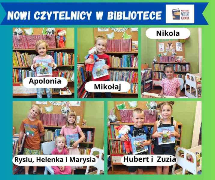 kolaż zdjęć dzieci z książką, na górze napis nowi czytelnicy w bibliotece i logo projektu mała książka wielki człowiek