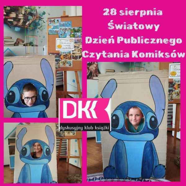 kolaż zdjęć bibliotekarek i dzieci podczas czytania komiksów i rysowania, oraz z literami DKK na górze logo dyskusyjnego klubu książki