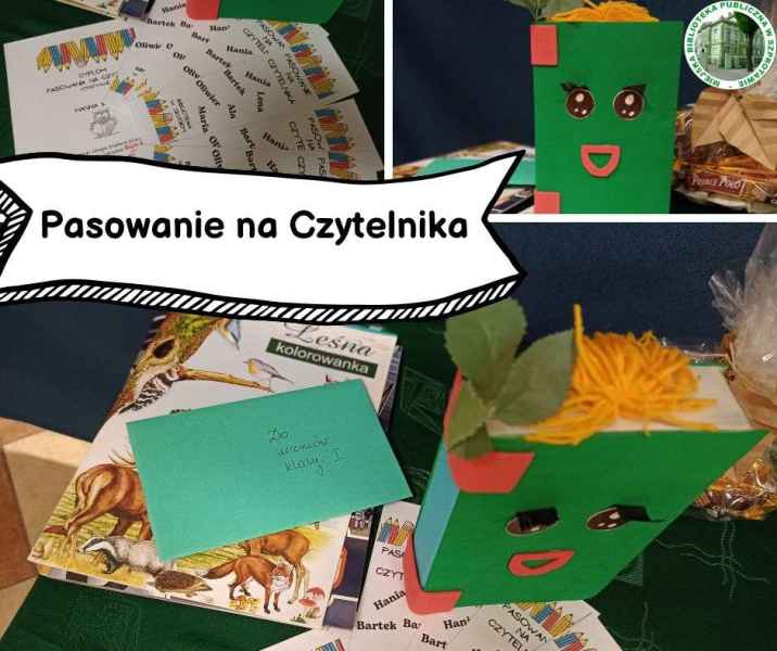 kolaż zdjęć książki wykonanej z papieru i kolrowych kartek, zakłądek oraz napis na banerze pasowanie na czytelnika, po prawej logo biblioteki