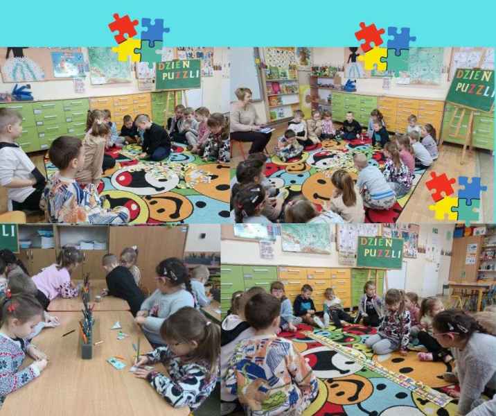 kolaż zdjęć dzieci podczas zabaw na dywanie oraz podczas kolorowania przy stoliku
