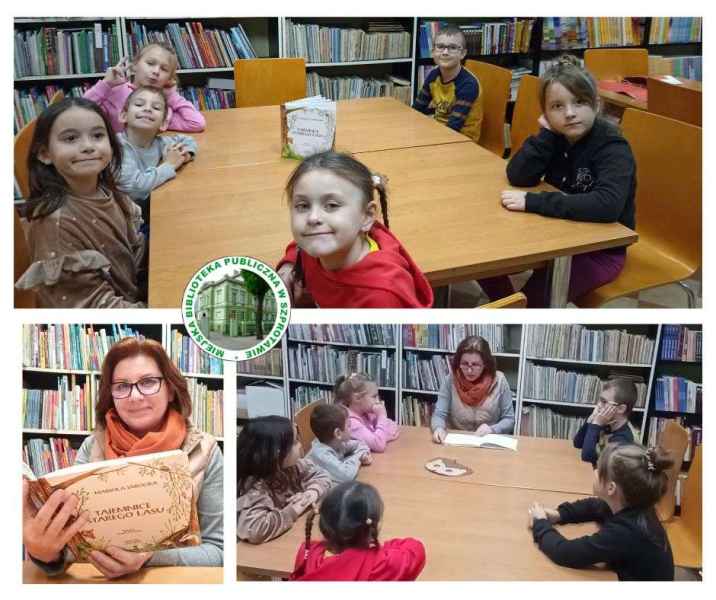 kolaż zdjęć dzieci przy stoliku oraz bibliotekarki z książką i podczas czytania dzieciom, na dole logo biblioteki dzieciom