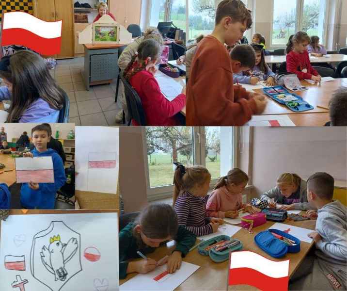 kolaż zdjęć bibliotekarki z teatrzykiem, dzieci malujących flagę Polski i godło oraz prezentujących swoje prace, na dole i na górze grafiki flag Polski