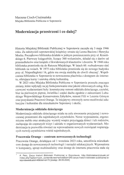 Skan artykułu M. Cioch-Ciućmańska, Modernizacja przestrzeni i co dalej?, „Zielonogórskie Studia Bibliotekoznawcze” 2023-2024, s. 65